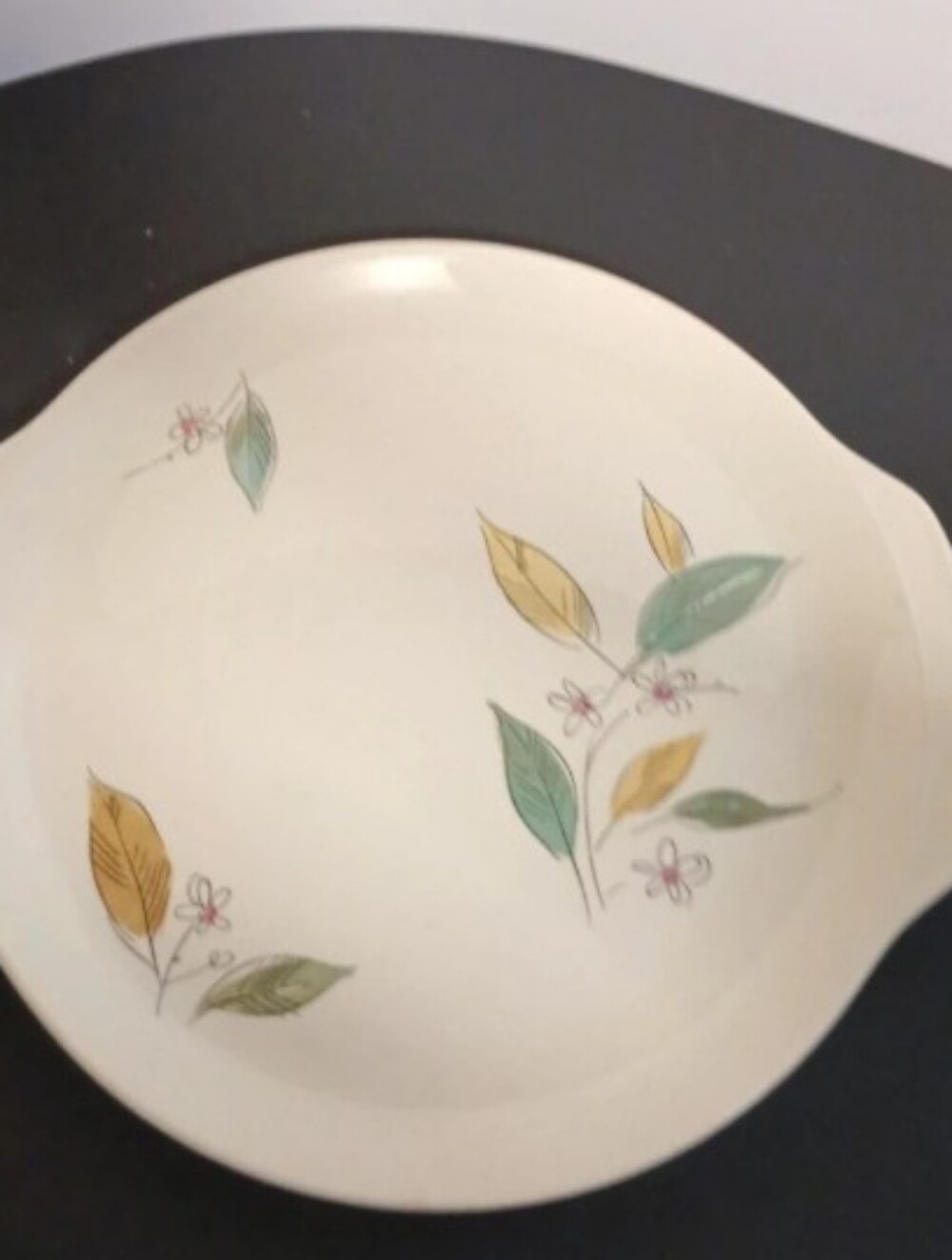Cream Ceramic Serving Bowl with Green and Yellow Leaf Motif